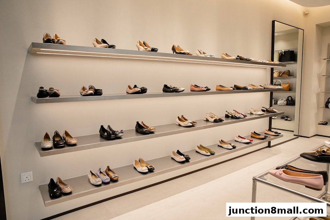Interior view of a shoe store showcasing various styles of women's footwear on shelves.
