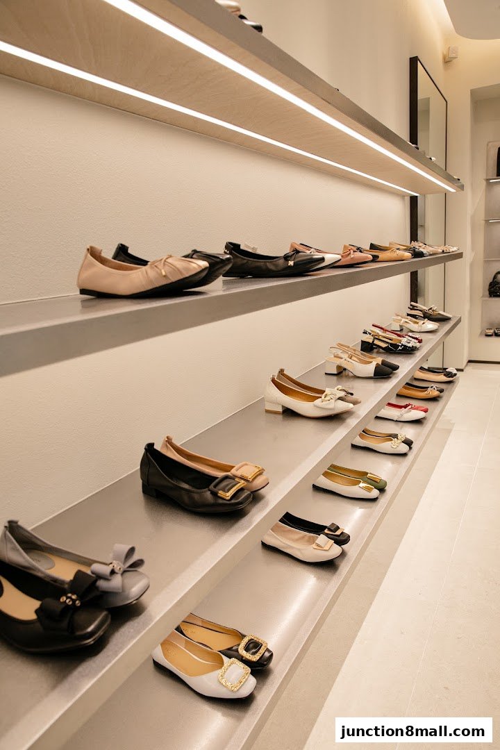 A well-lit display of various women's ballet flats and low heels on shelves.