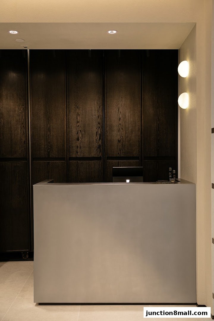 A modern reception desk with a computer and decorative wall lights.