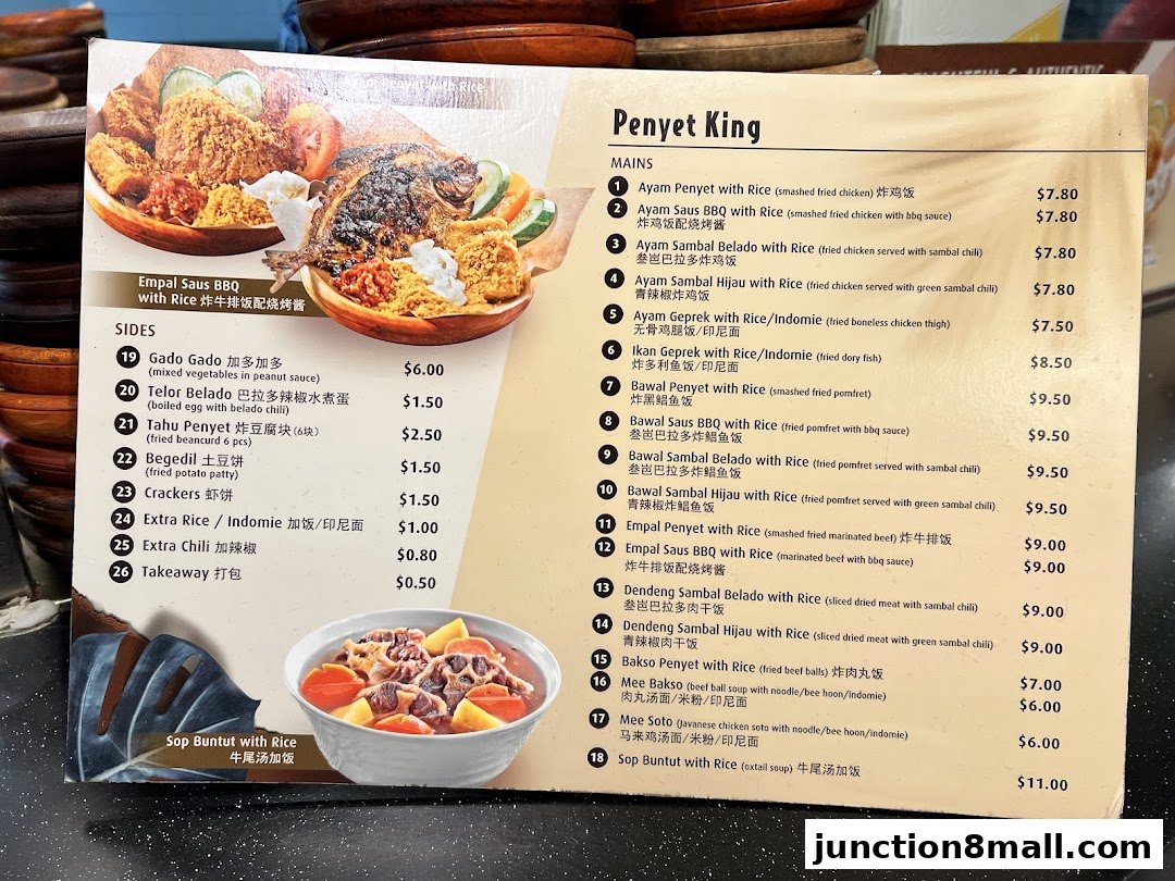 A menu from Penyet King featuring various main dishes, sides, and soups with prices.