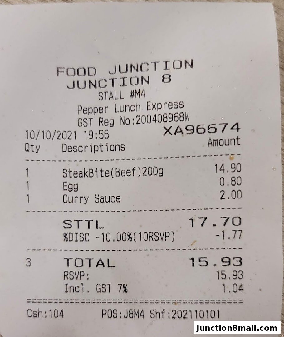 A receipt from Pepper Lunch Express at Food Junction, Junction 8.