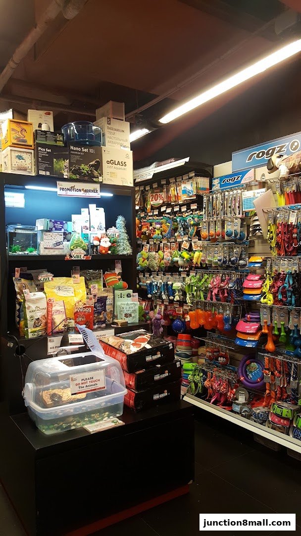 A well-stocked pet store interior featuring aquariums, pet food, toys, and accessories.