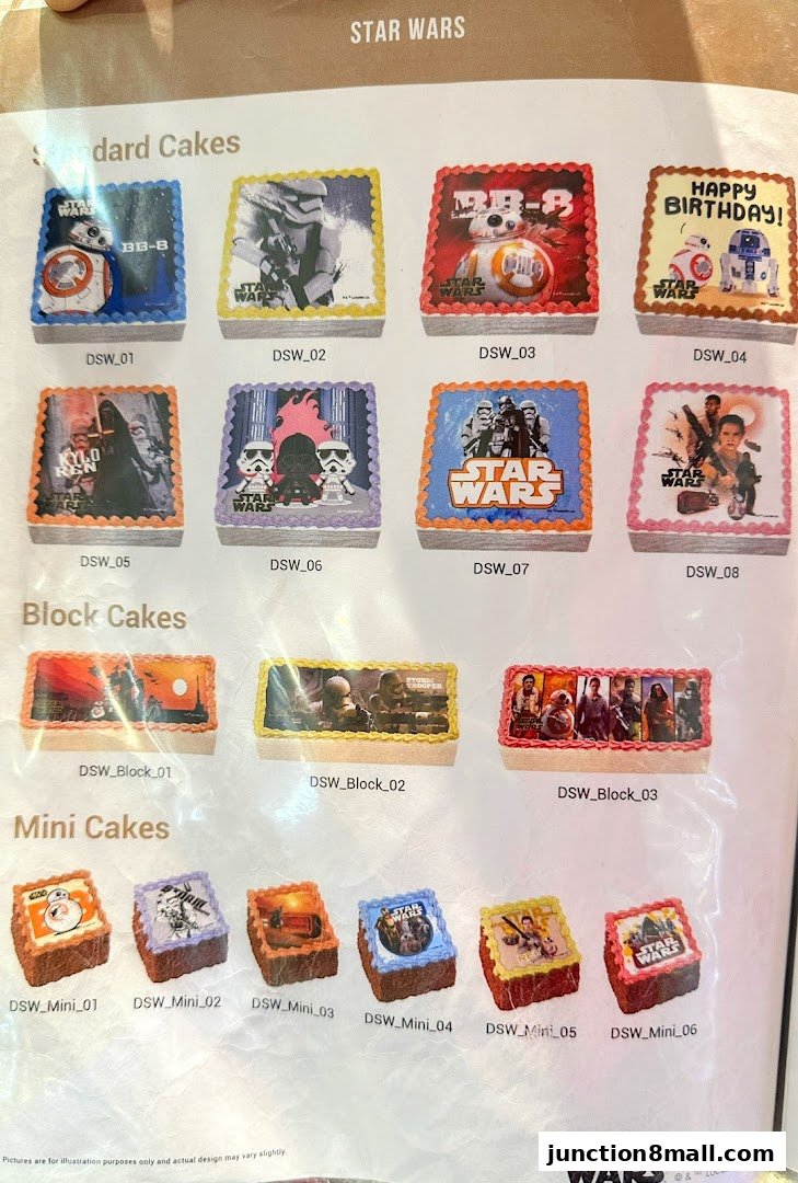 A menu showcasing Star Wars themed cakes in various sizes and designs.