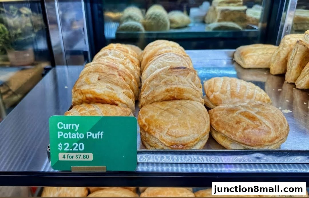 A display of golden-brown curry potato puffs with a price tag.