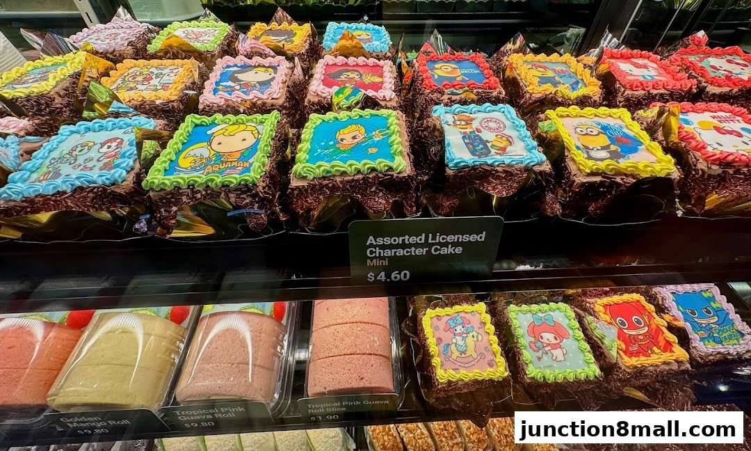 A display of mini cakes decorated with various licensed cartoon characters and rolls.