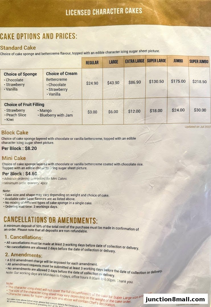 A price list for licensed character cakes, detailing options for sponge, cream, and fruit fillings.