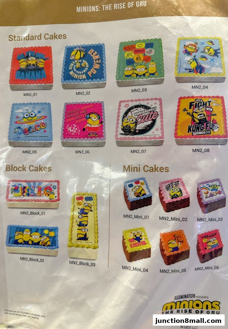 A catalog of Minions-themed cakes, including standard, block, and mini sizes.