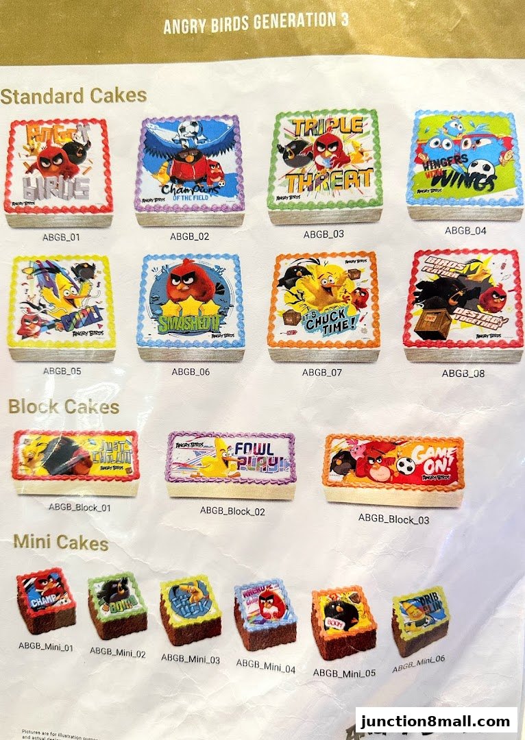 A catalog of Angry Birds themed cakes, including standard, block, and mini sizes.