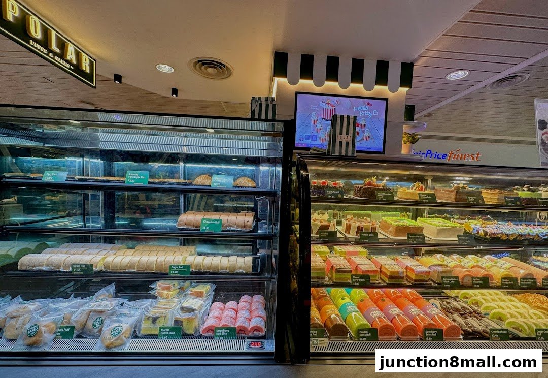 A display of various cakes, pastries, and rolls in refrigerated glass cases at Polar Puffs & Cakes.
