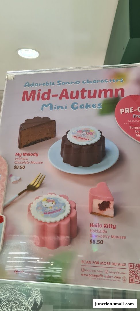 A display of Mid-Autumn Mini Cakes featuring Sanrio characters like My Melody and Hello Kitty.