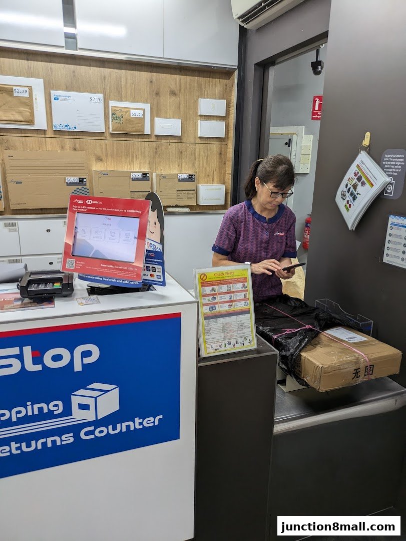 A woman works at a POPStation Junction 8 counter, processing a package.