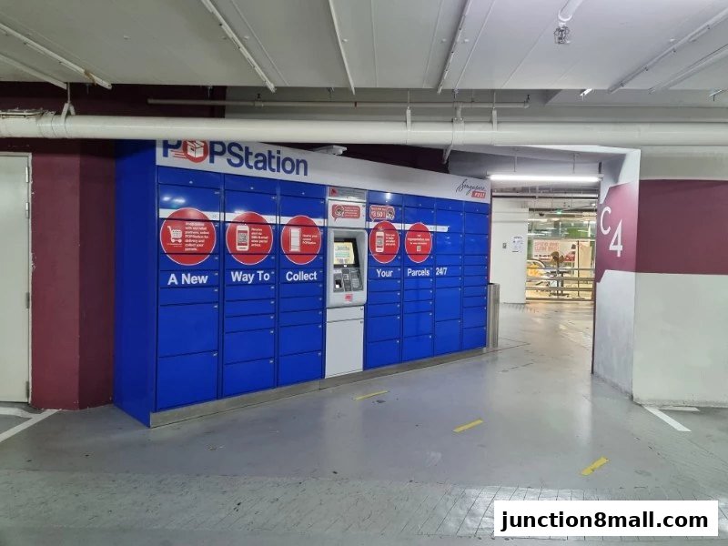 A POPStation parcel locker unit with blue doors and a touchscreen interface.