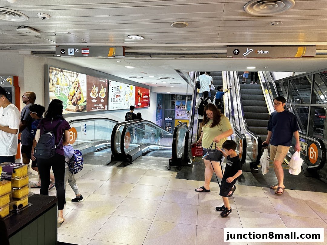 People using escalators in a shopping mall with advertisements above.