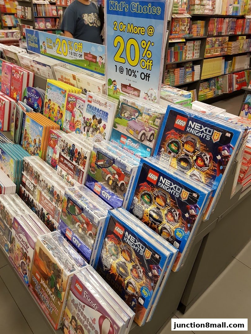 A display of children's books and LEGO activity books at POPULAR Bookstore.