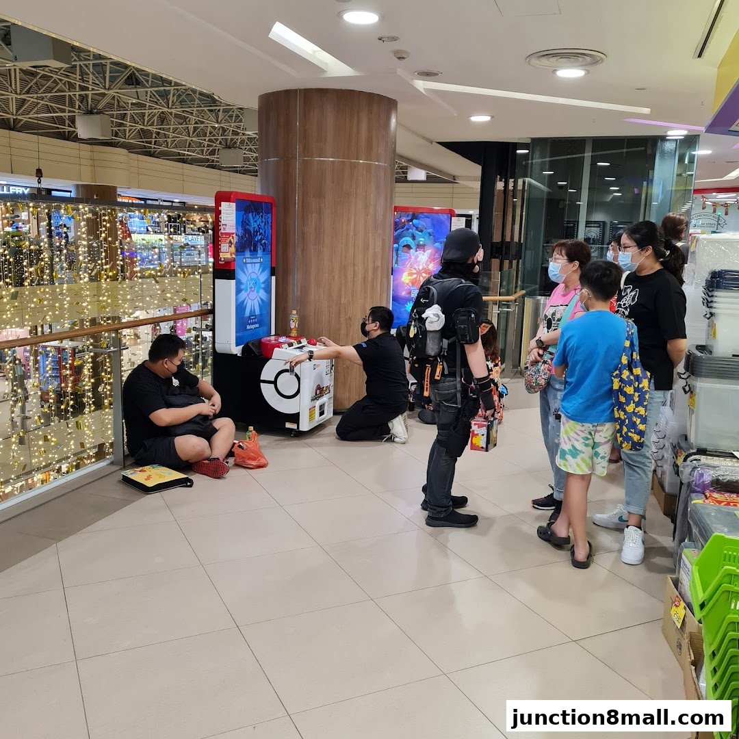 People gathered around arcade games in a mall, with one person in a costume.