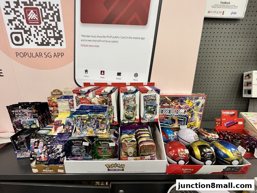 A display of various trading card game booster packs and collectible items, including Pokémon and Transformers.