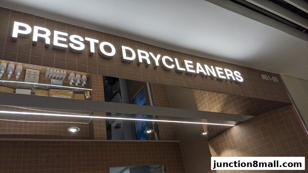 The illuminated sign for Presto Drycleaners is displayed above the shop entrance.
