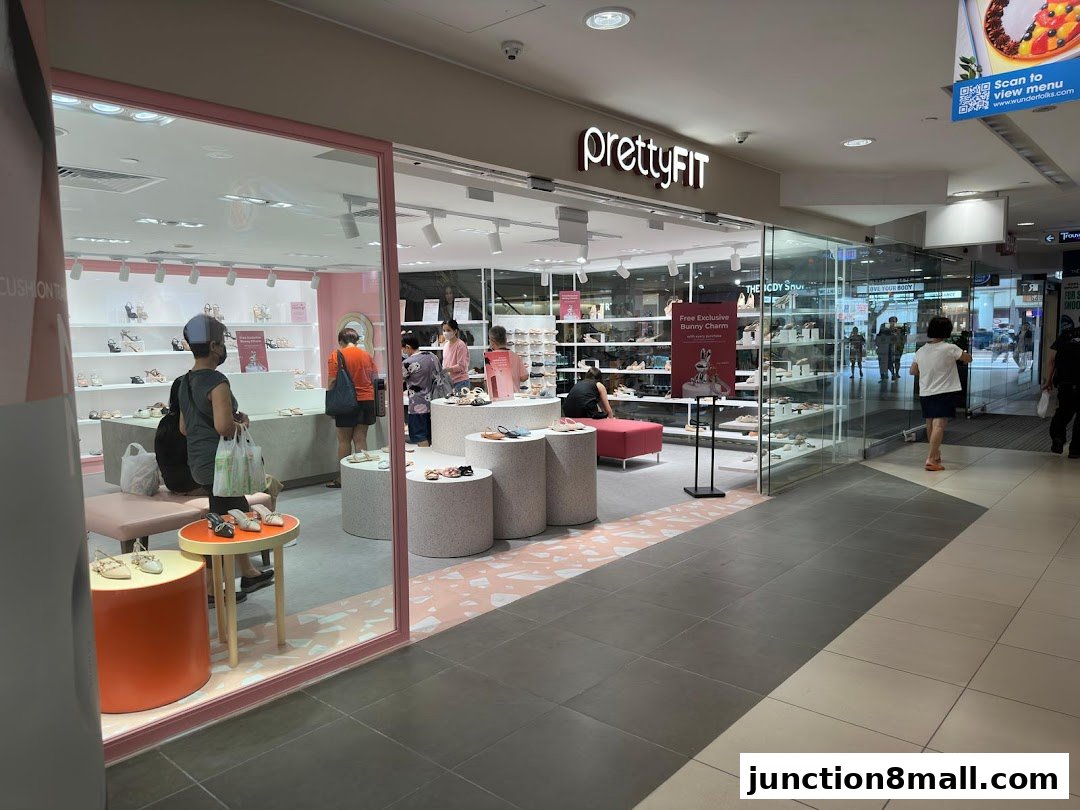 The exterior of a prettyFIT shoe store with displays of women's shoes and customers browsing.