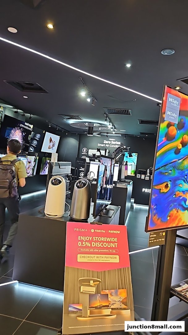 Interior of a modern electronics store with various TVs and smart home devices on display.