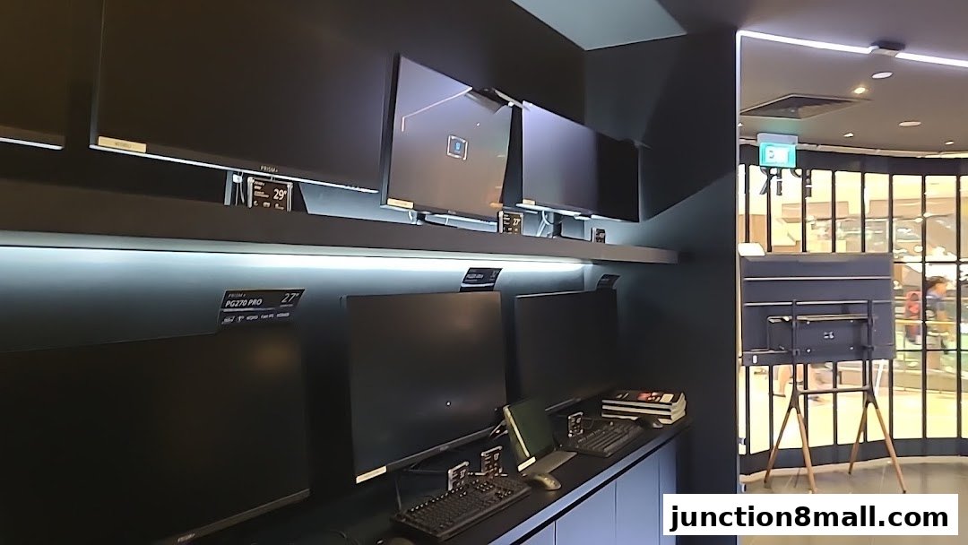 A retail display showcasing multiple computer monitors and accessories, with a glimpse of the mall's interior.