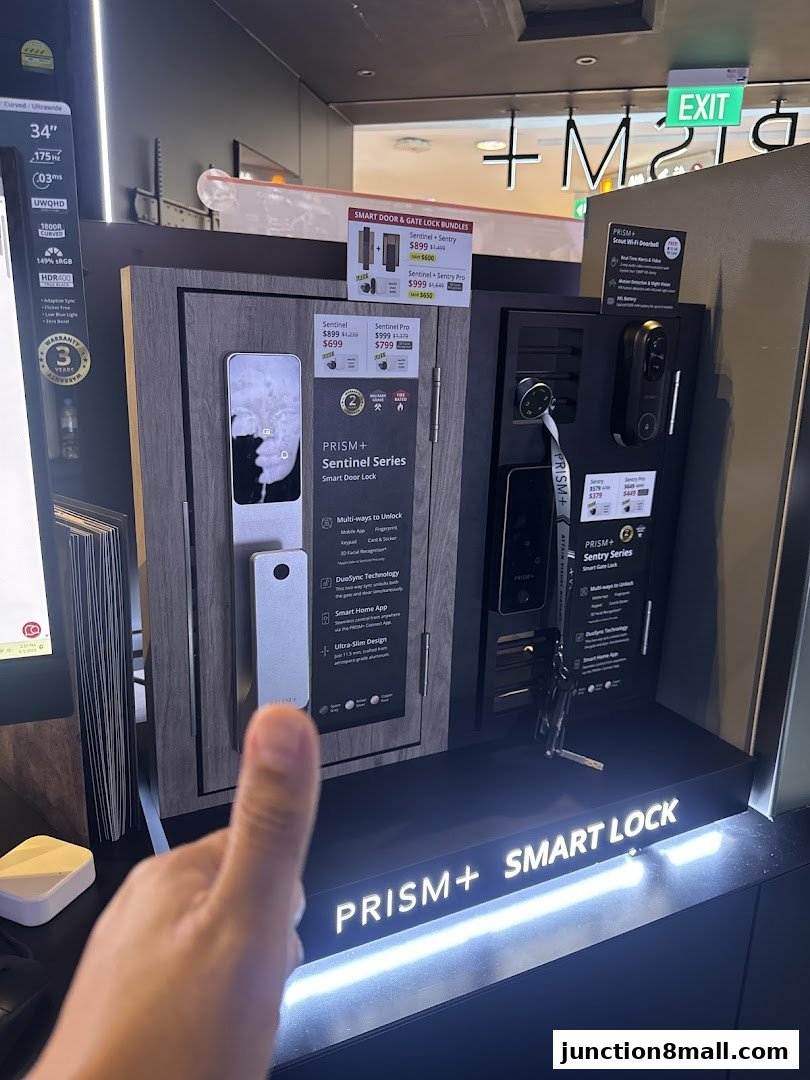 Display of PRISM+ smart door locks and gate lock bundles with pricing information.