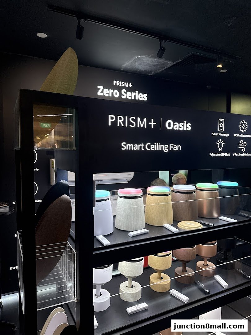 Display of PRISM+ Oasis Smart Ceiling Fans in various colors and styles.