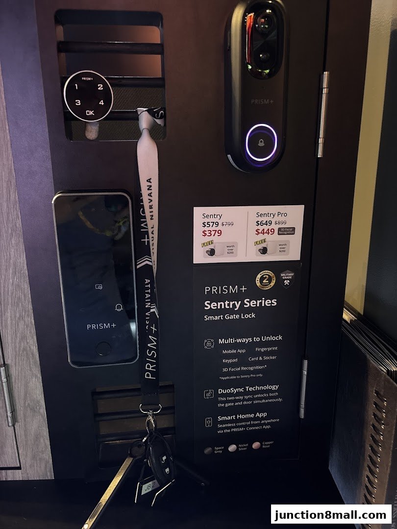 Display of PRISM+ Sentry Series Smart Gate Locks with pricing and features.