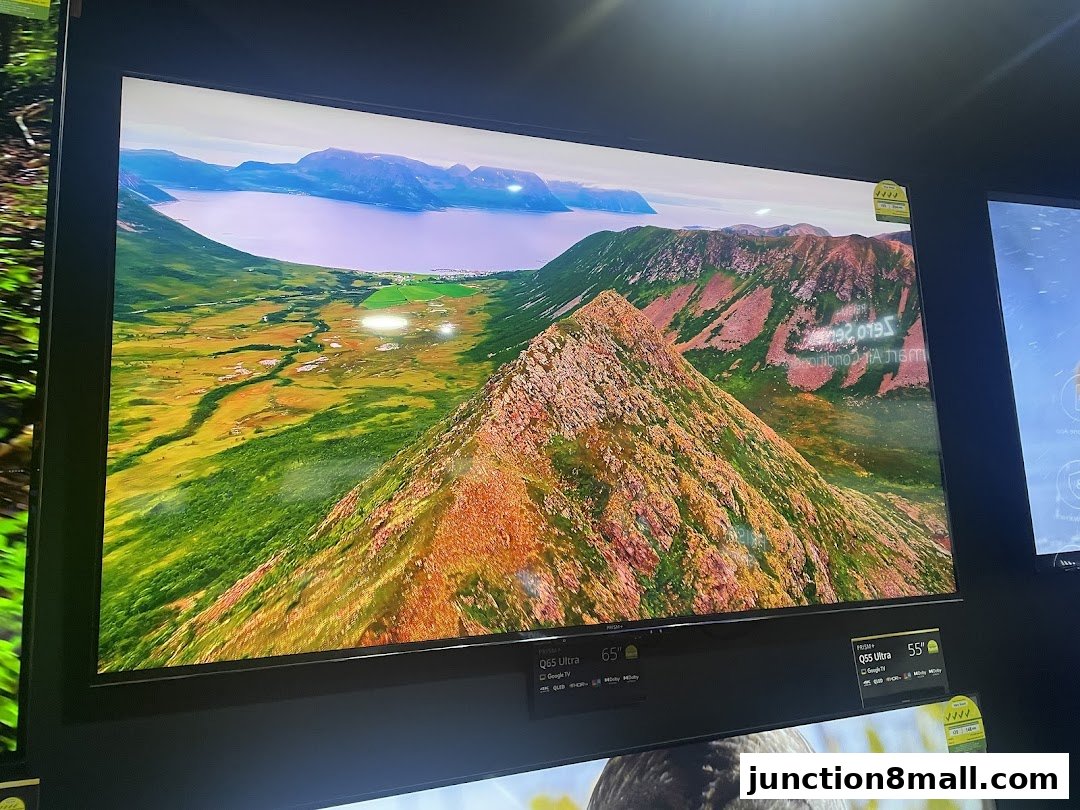 A large television screen displays a vibrant landscape of mountains, a lake, and green fields.