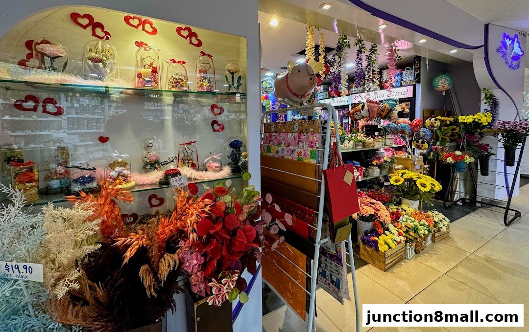 A florist shop displaying a variety of preserved flowers, balloons, and decorative items.