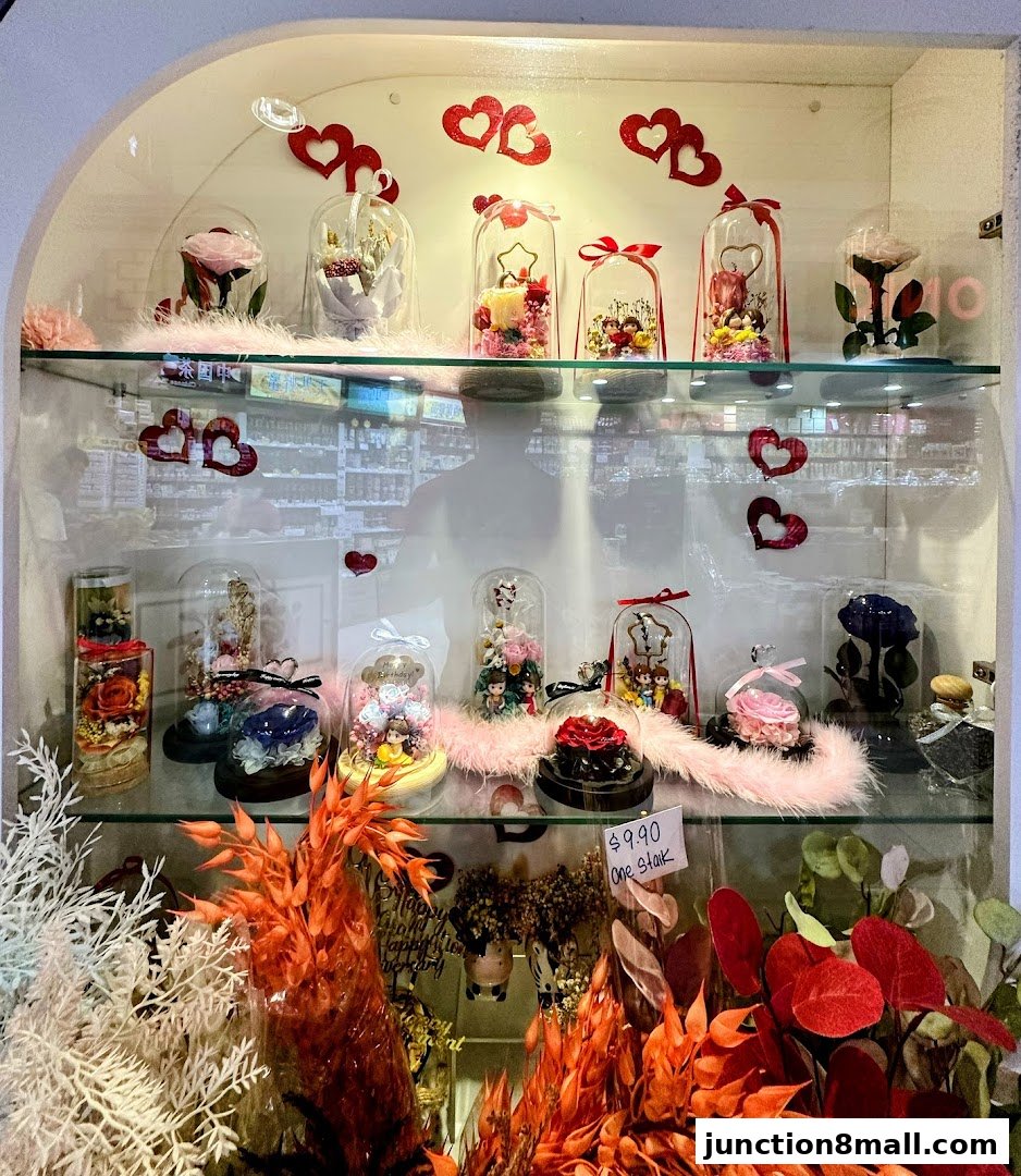 A display case filled with preserved roses and floral arrangements, decorated with hearts.