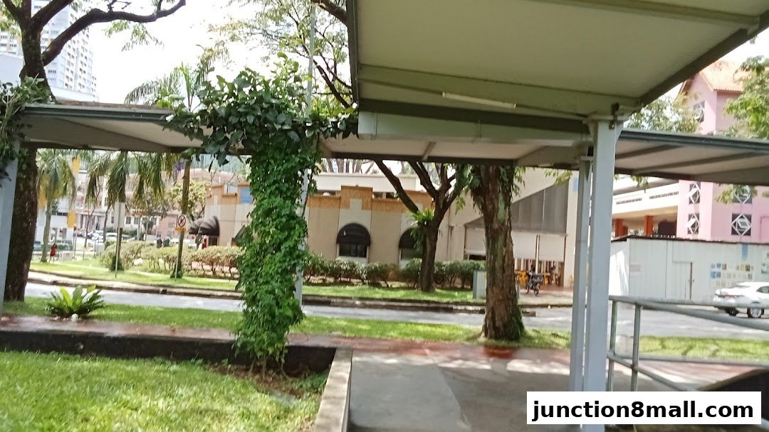 A view of a street with buildings and trees, seen from a covered walkway.