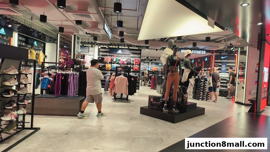 Interior view of a well-lit sports apparel store with clothing and shoes displayed.