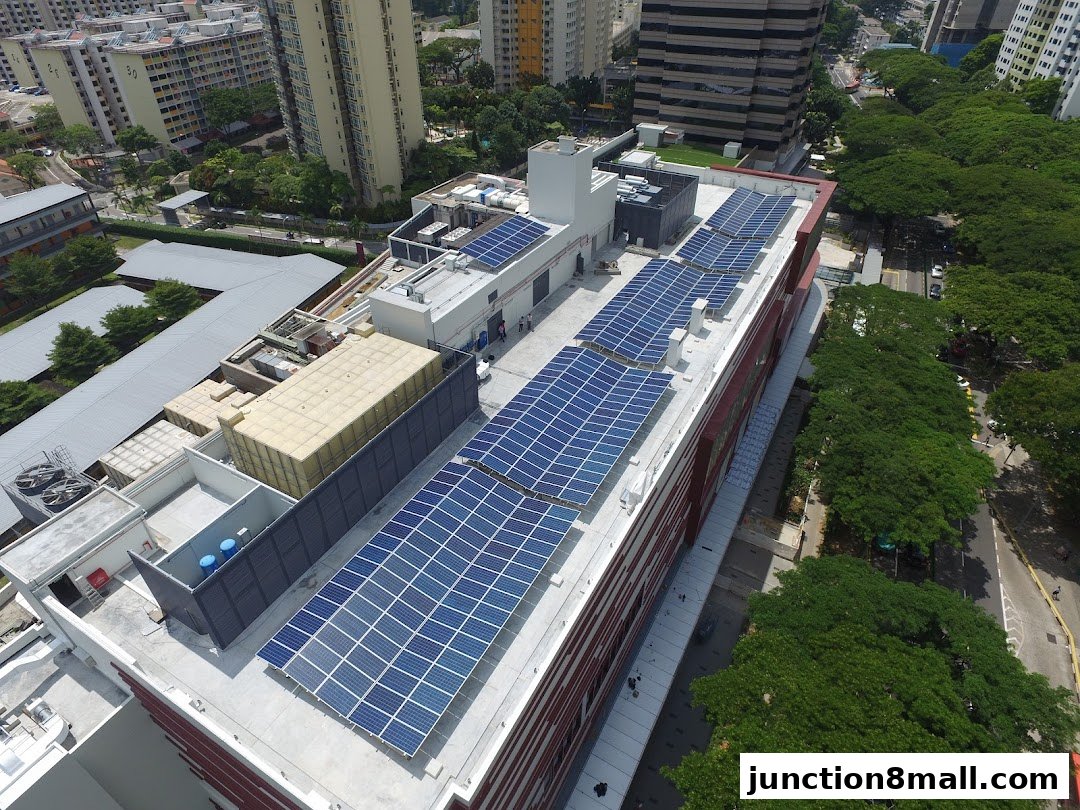 Aerial view of a building's rooftop featuring numerous solar panels and surrounding urban landscape.