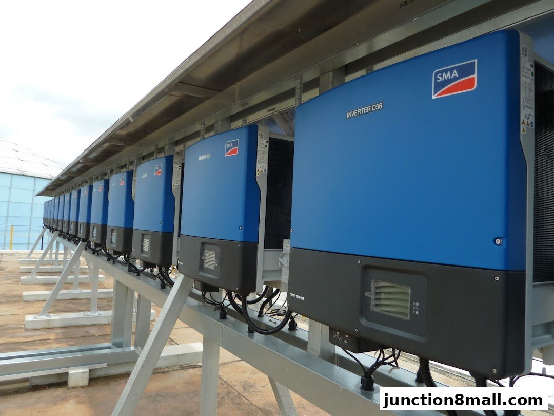 A row of blue SMA inverters mounted on a metal frame under a roof.