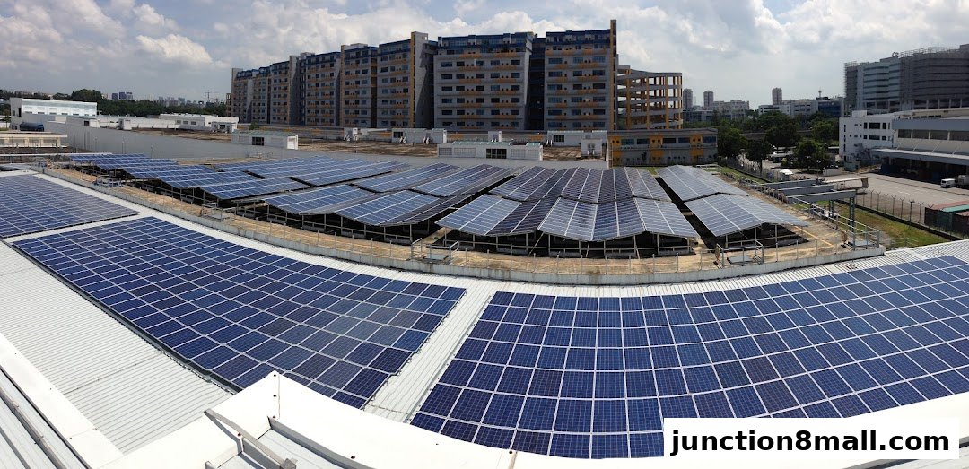 A panoramic view of a large rooftop covered with solar panels, with buildings in the background.
