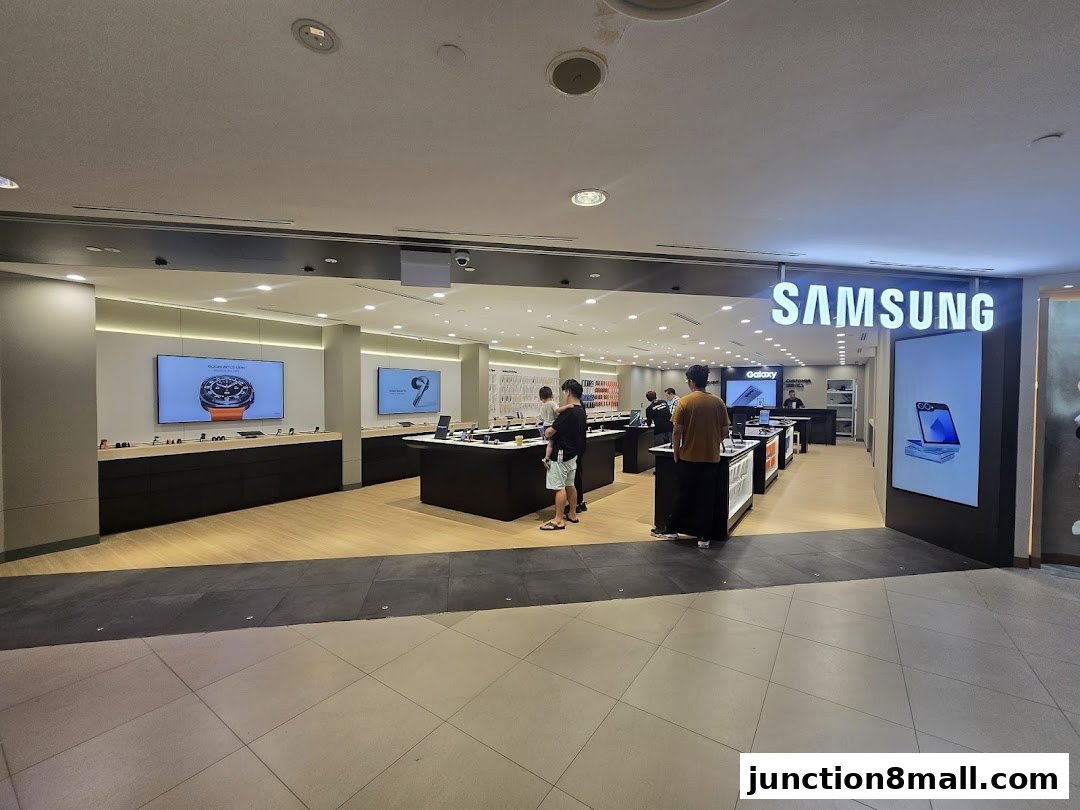 Interior of a Samsung Experience Store showcasing various Samsung products and displays.