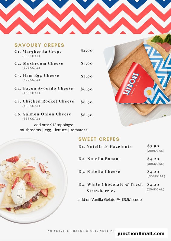 A menu for Saybons featuring savory and sweet crepes with prices and calorie information.