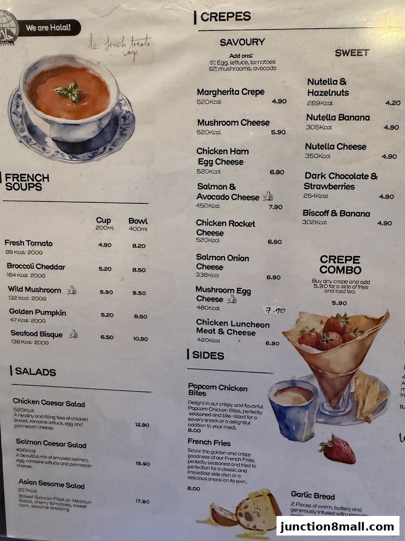 A menu for Saybons featuring crepes, soups, salads, sides, and combos.