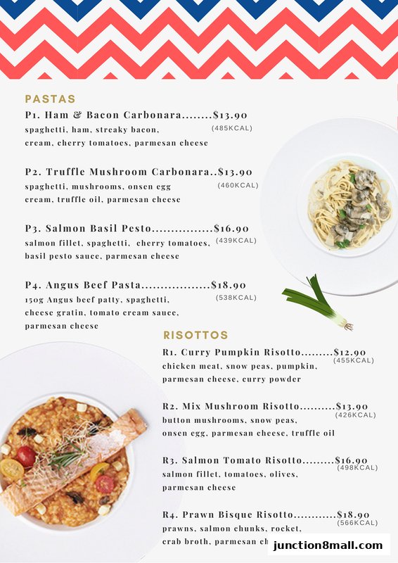 A menu featuring pasta and risotto dishes with descriptions and prices.