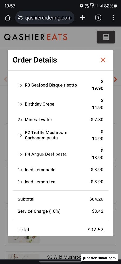 Order details showing a list of food and drinks with prices and quantities.