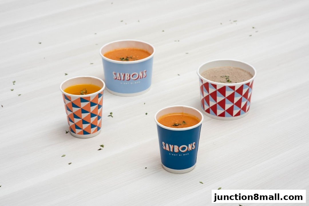 Four cups of soup from Saybons, showcasing different flavors and branding.