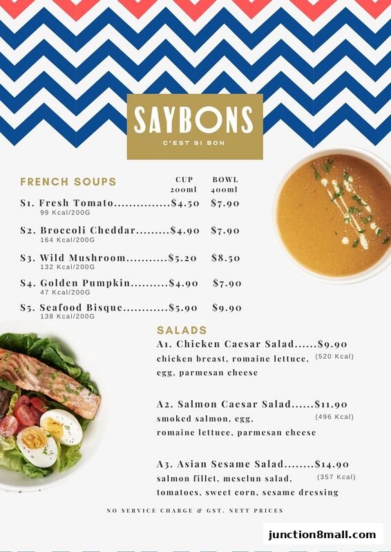 A menu from Saybons featuring French Soups and Salads with prices and descriptions.