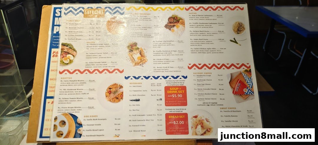 A menu from Saybons featuring soups, pastas, risottos, crepes, and beverages.