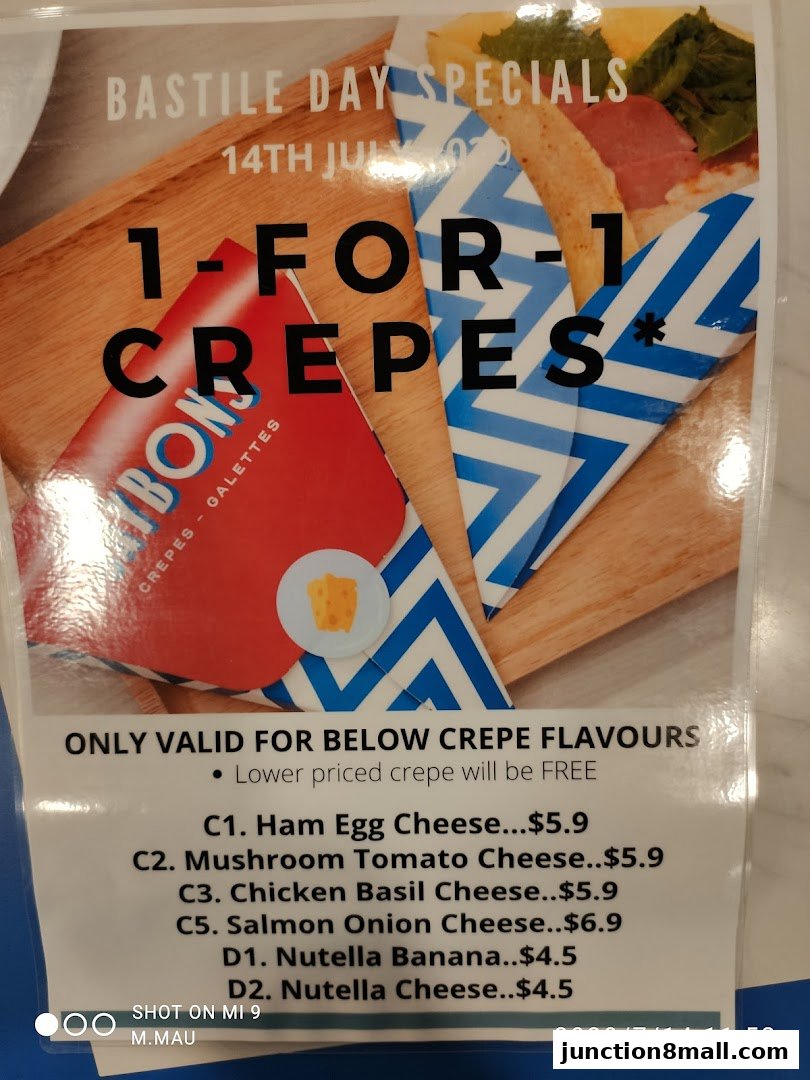 A flyer advertising a 1-for-1 crepe special for Bastille Day.