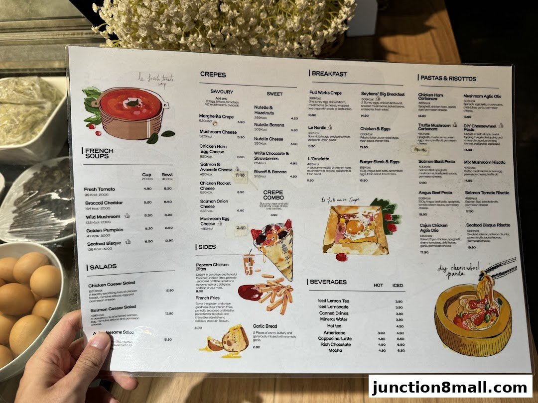 A menu from Saybons Bishan Junction 8 featuring crepes, soups, salads, breakfast, pastas, sides, and beverages.