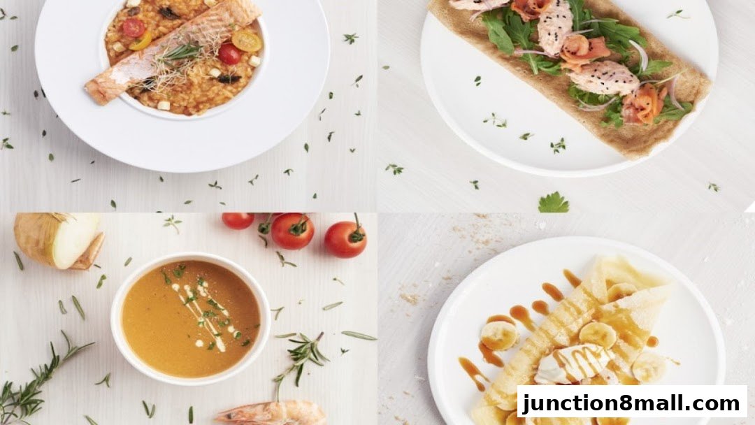 A collage of four appetizing dishes, including salmon risotto, a savory crepe, soup, and a sweet crepe.
