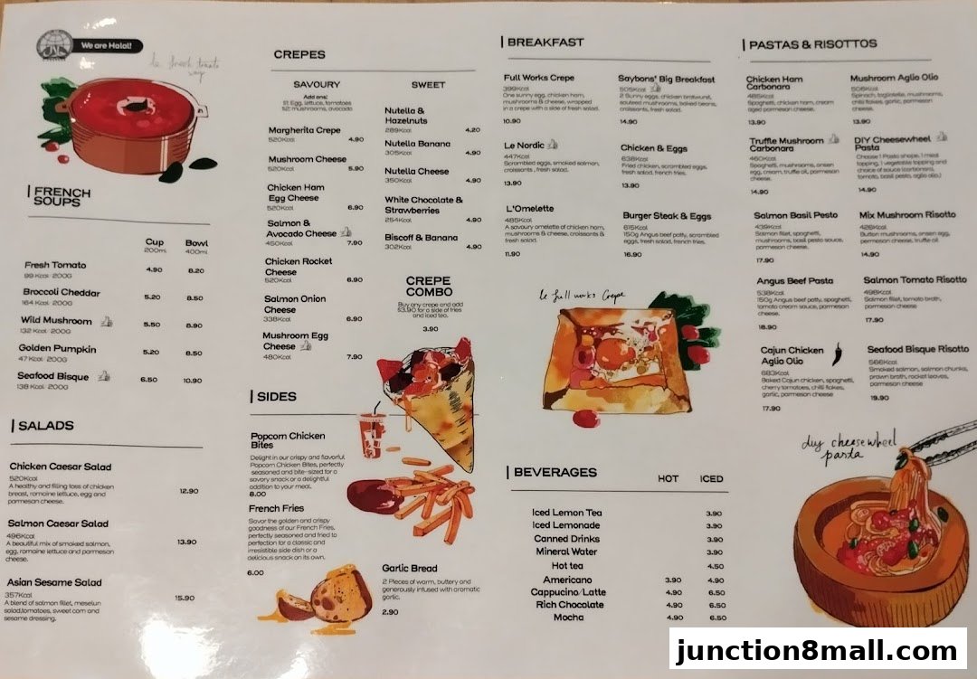 A menu from Saybons featuring crepes, French soups, salads, breakfast items, pastas, risottos, sides, and beverages.