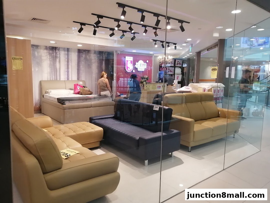 A furniture store display featuring sofas, a bed, and a chaise lounge.