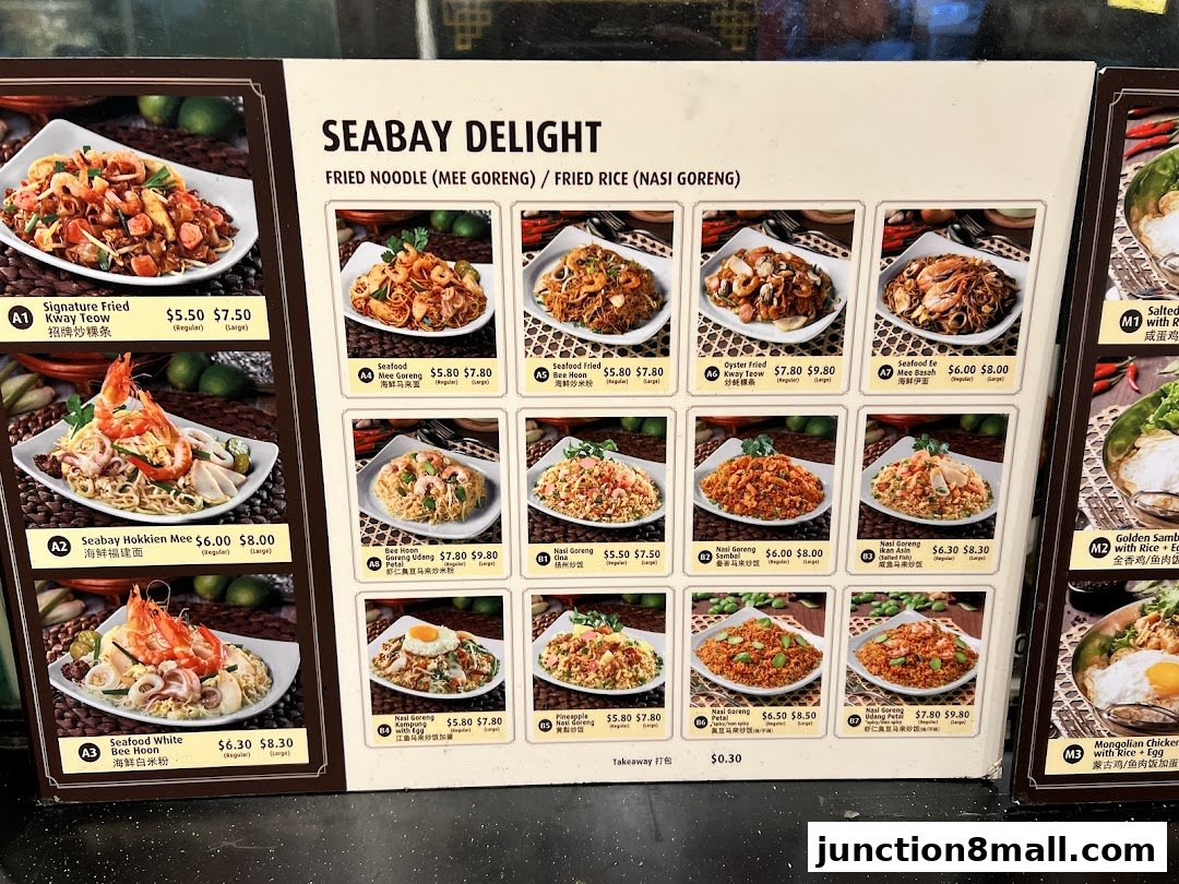 A menu from Seabay Delight featuring various fried noodle and fried rice dishes with images.