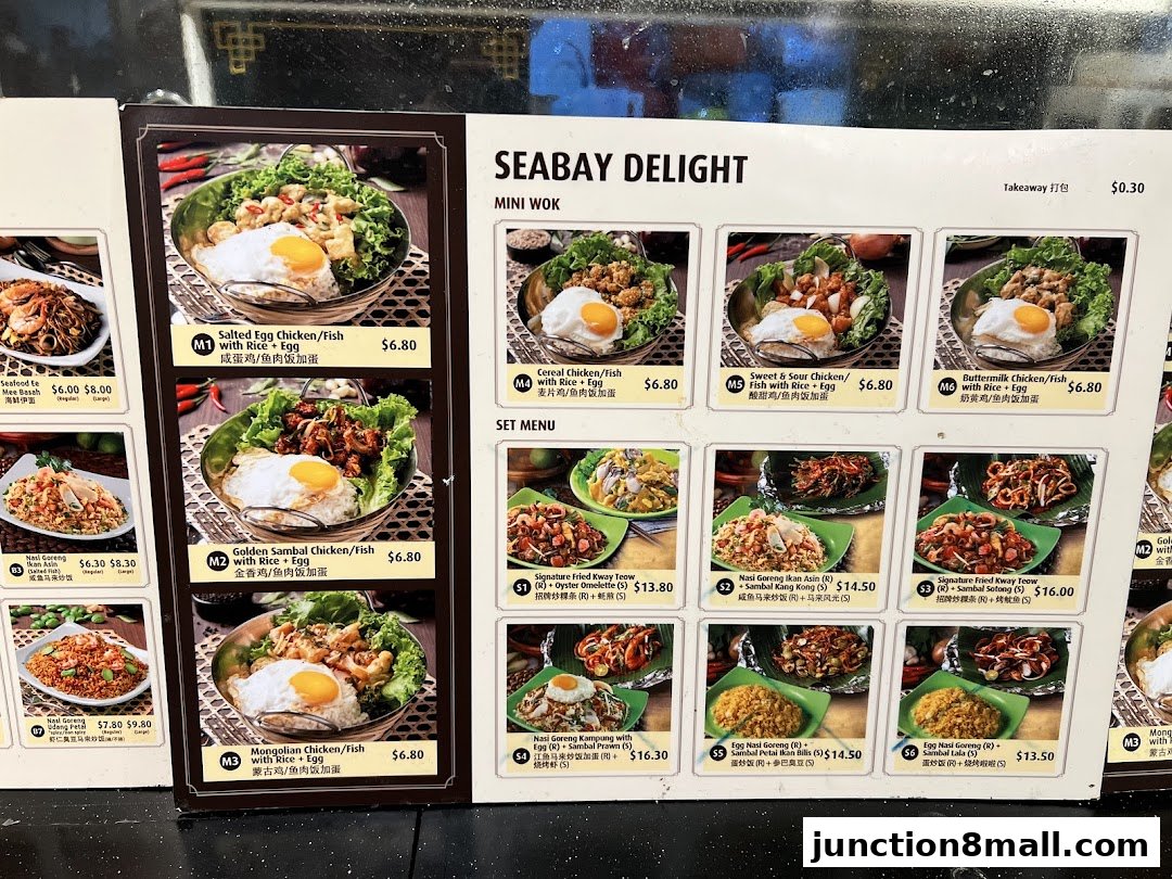 A menu from Seabay Delight showcasing various mini wok dishes and set menus with enticing food photography.